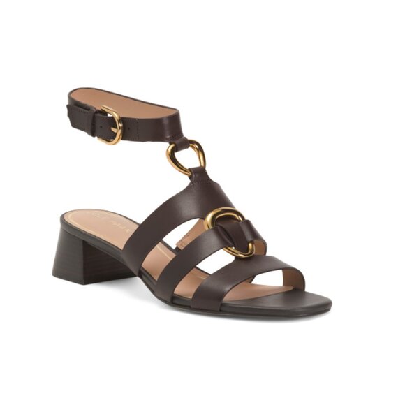 COLE HAAN DARK CHOCOLATE Leather Lyanna Ankle Strap Heeled Sandals - Picture 1 of 2